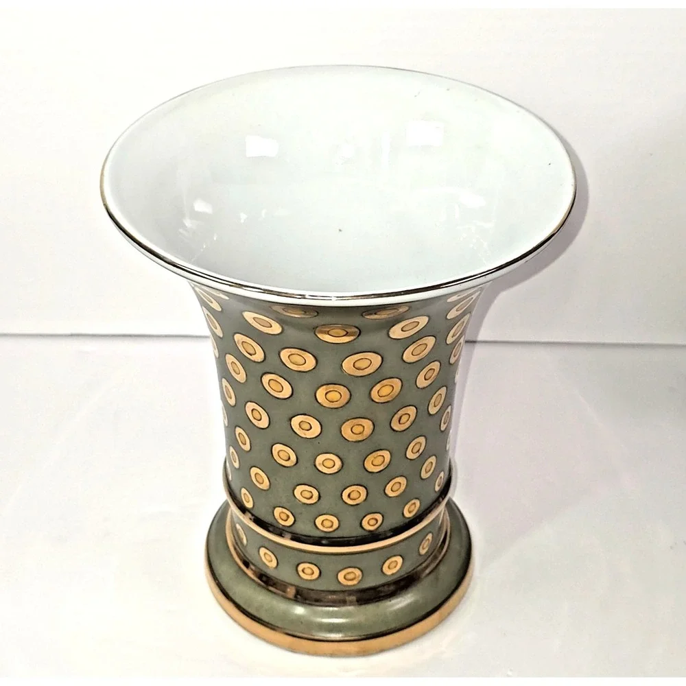 Japanese Art Pottery‎ Vase Olive Green Gold Geometric 8